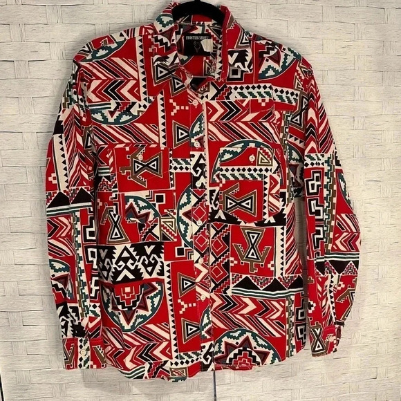 FRONTIER SERIES vintage button down Aztec Long Sleeve Western Shirt southwest - Picture 1 of 12